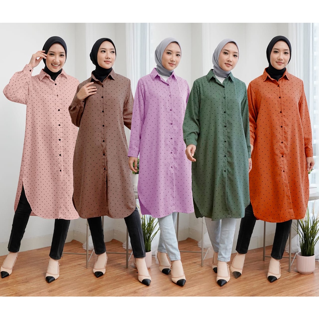 LONG TUNIK POLKADOT KECIL WANITA KEKINIAN/TUNIK BUSUI KAKI BULAT