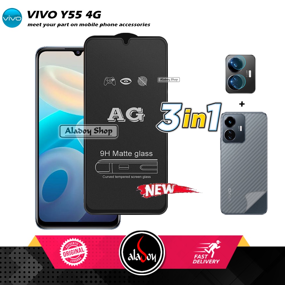 Paket 3IN1 Tempered Glass Layar Matte Anti Glare VIVO Y55 4G Free Tempered Glass Camera dan Skin Carbon