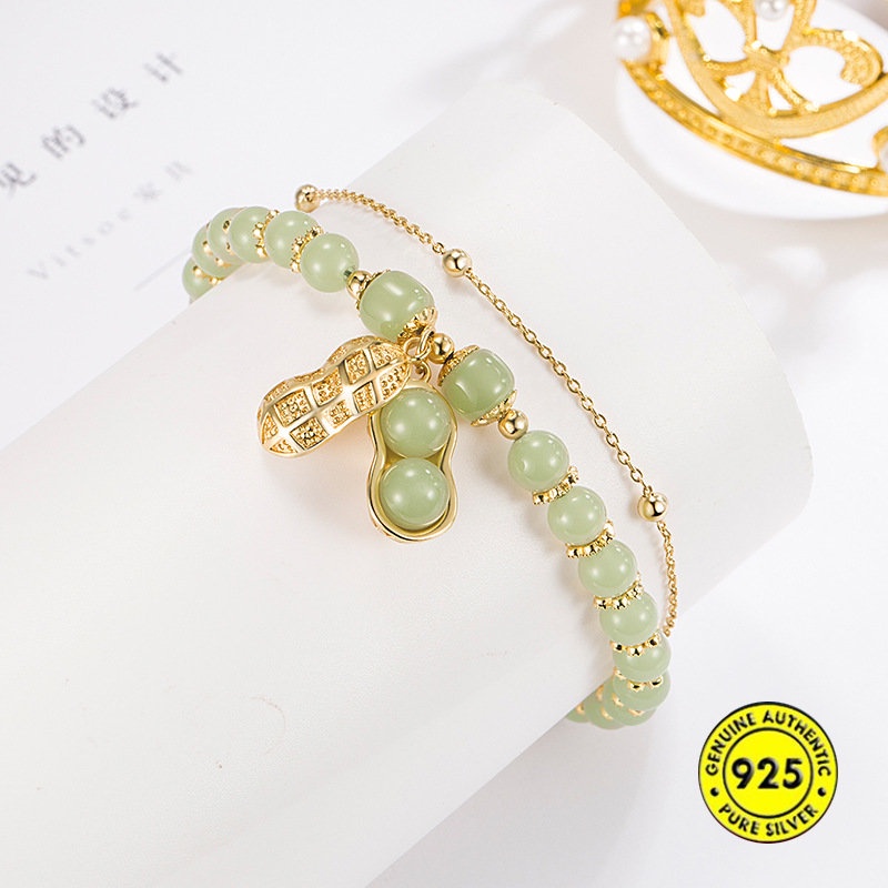 Gelang Batu Giok Hetian Double Layer Kacang Emas 18K Untuk Wanita U1482