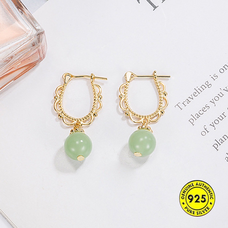 18k Emas Vintage Hetian Jade Earrings Wanita Gaya Pengadilan Anting Bermutu Tinggi U1169