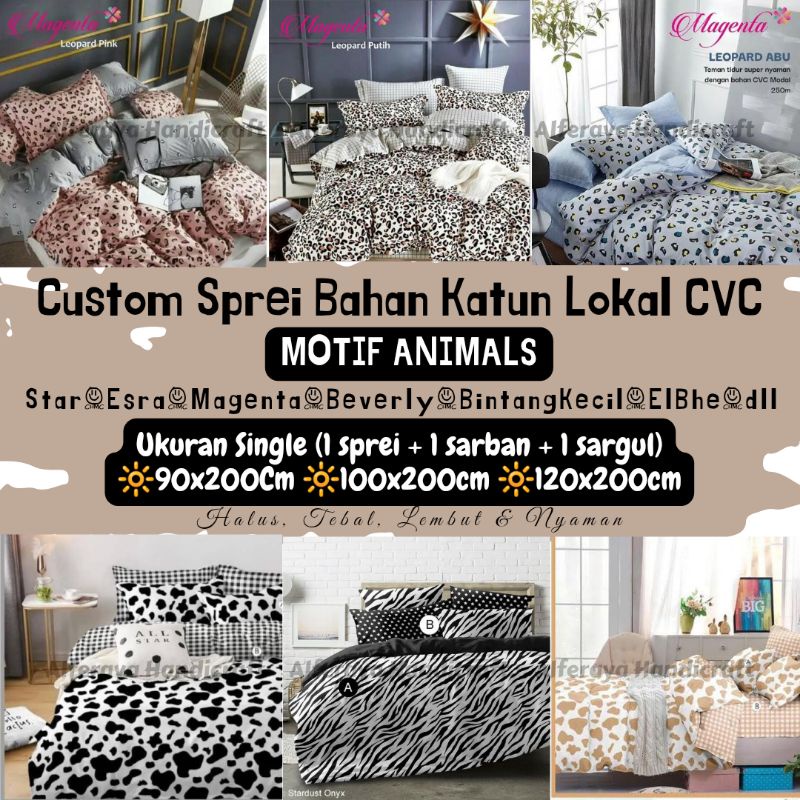 Sprei SINGLE Bahan Katun CVC Motif Animals | Sprei Leopard | Sprei Zebra| Katun Lokal Motif Sapi | C