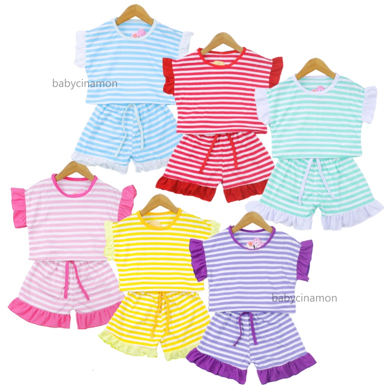 Set Cherry uk Bayi - 4 Tahun / Setelan Pendek Anak Perempuan Kaos Salur Baby Baju Tidur Bayi Celana Pendek Babycinnamon