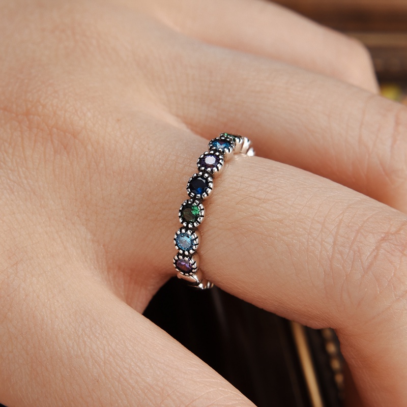 Tipe Geometris Warna-Warni Tembaga Bulat Zirconia Cincin Baris Tunggal Pave Cincin Pernikahan Band Ring Pesta Fashion Perhiasan Untuk Wanita