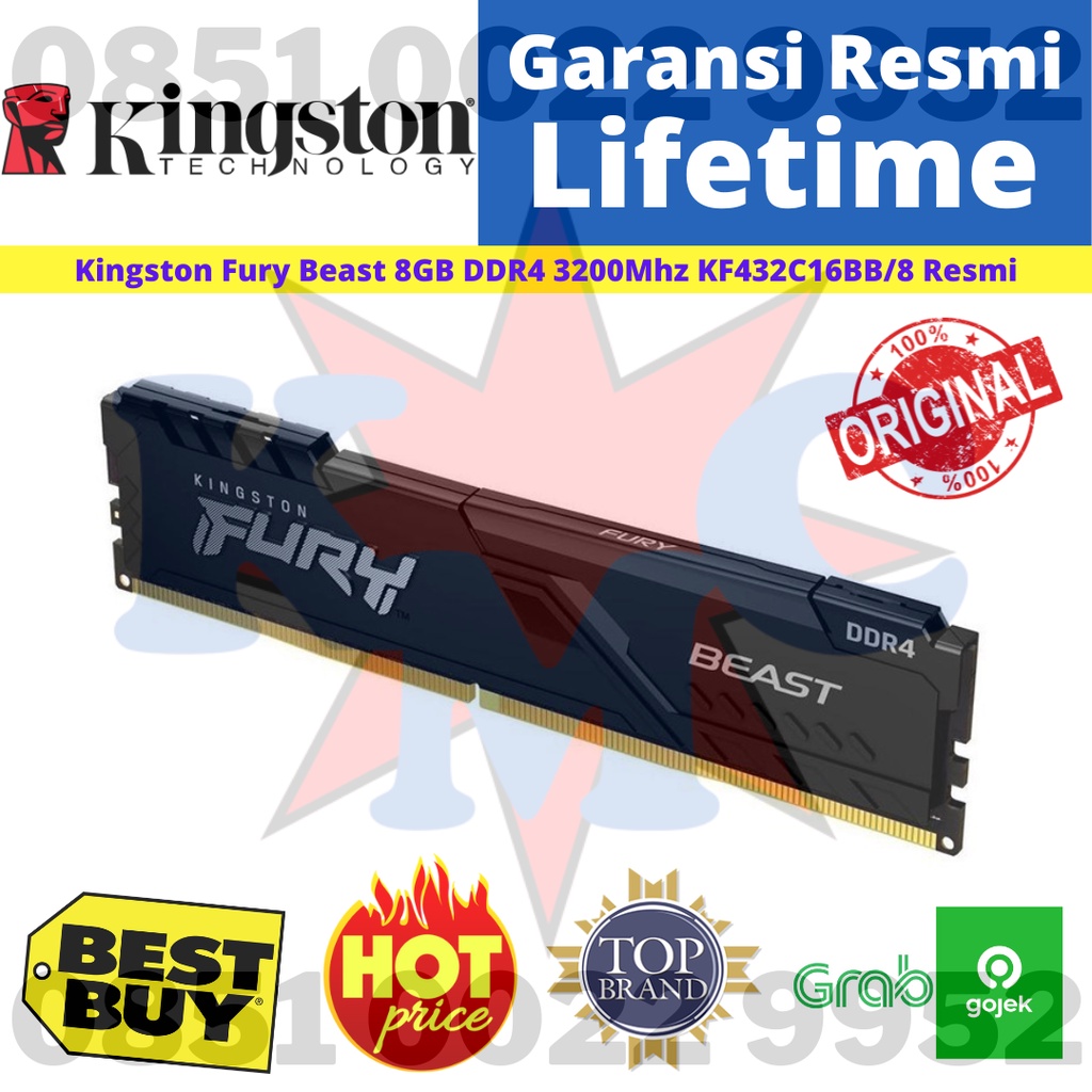 RAM DDR4 8GB 1x8GB 3200MHz Kingston Fury Beast RESMI