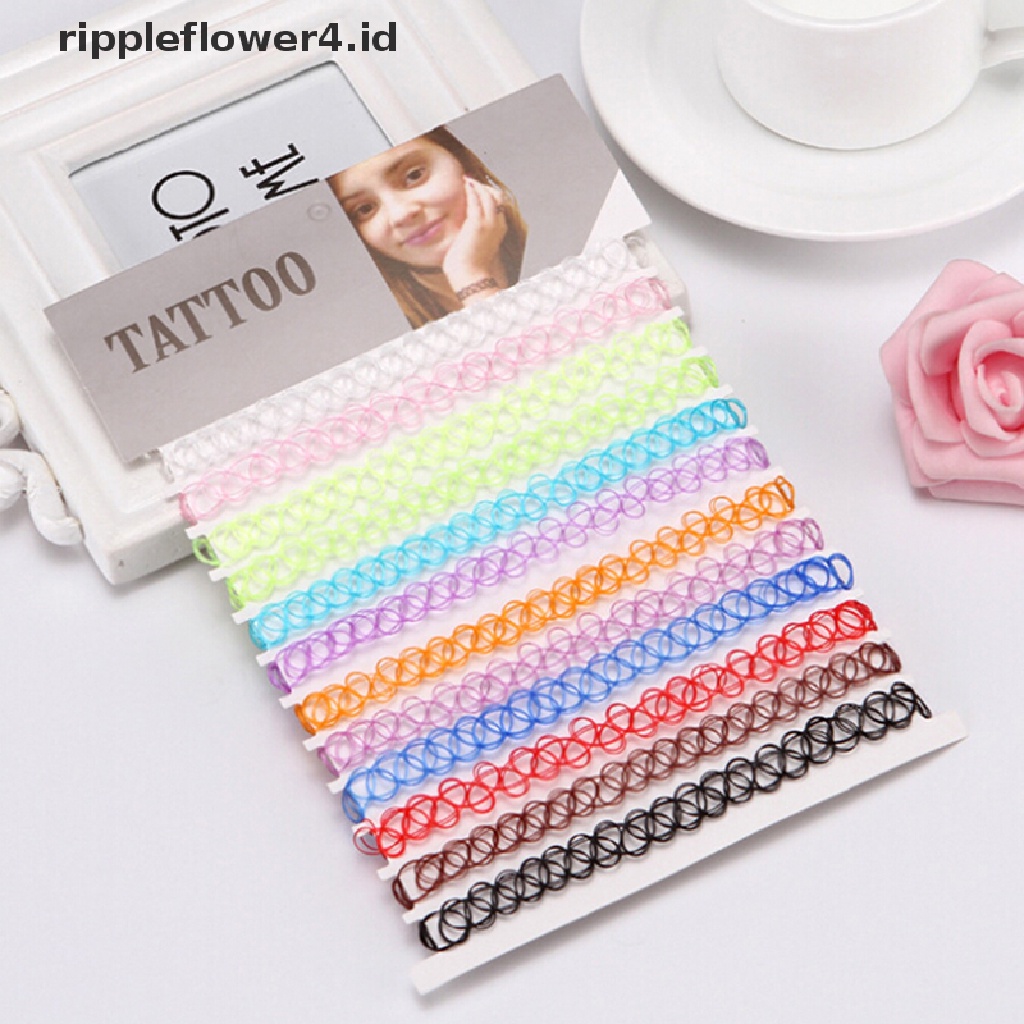 {rippleflower4.id} 12pcs/set Kerah Baru Vintage Stretch Tato Choker Kalung Wanita Gadis Pesona Punk Retro~