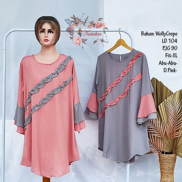 Tunik Wollycrepe Polos / Tunik Wanita Lengan Lonceng Tumpuk / Pakaian Atasan Wanita Lengan Panjang Variasi Rampel Bagian Depan