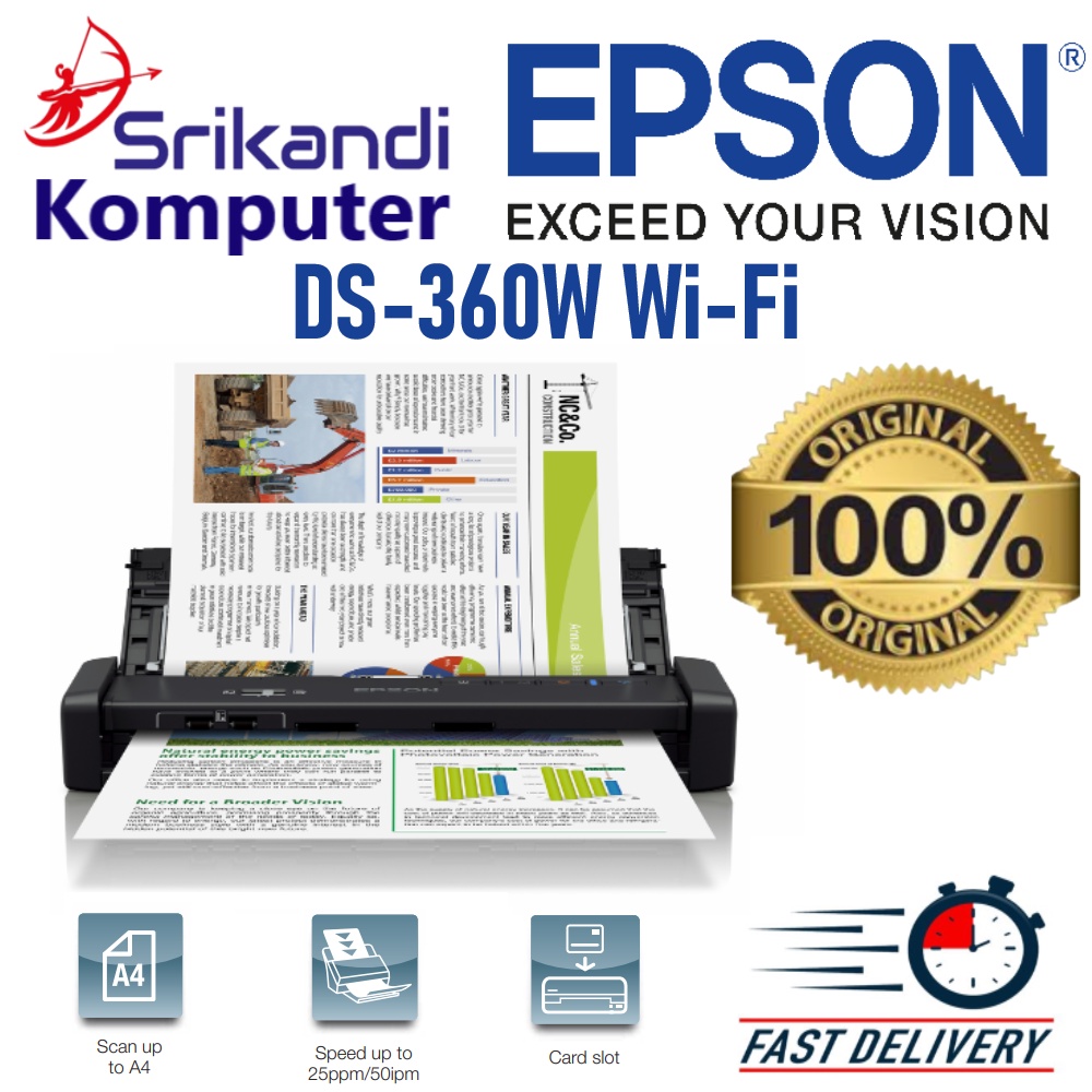 Document Scanner Epson WorkForce DS-360W Wi-Fi Portable Sheet-fed