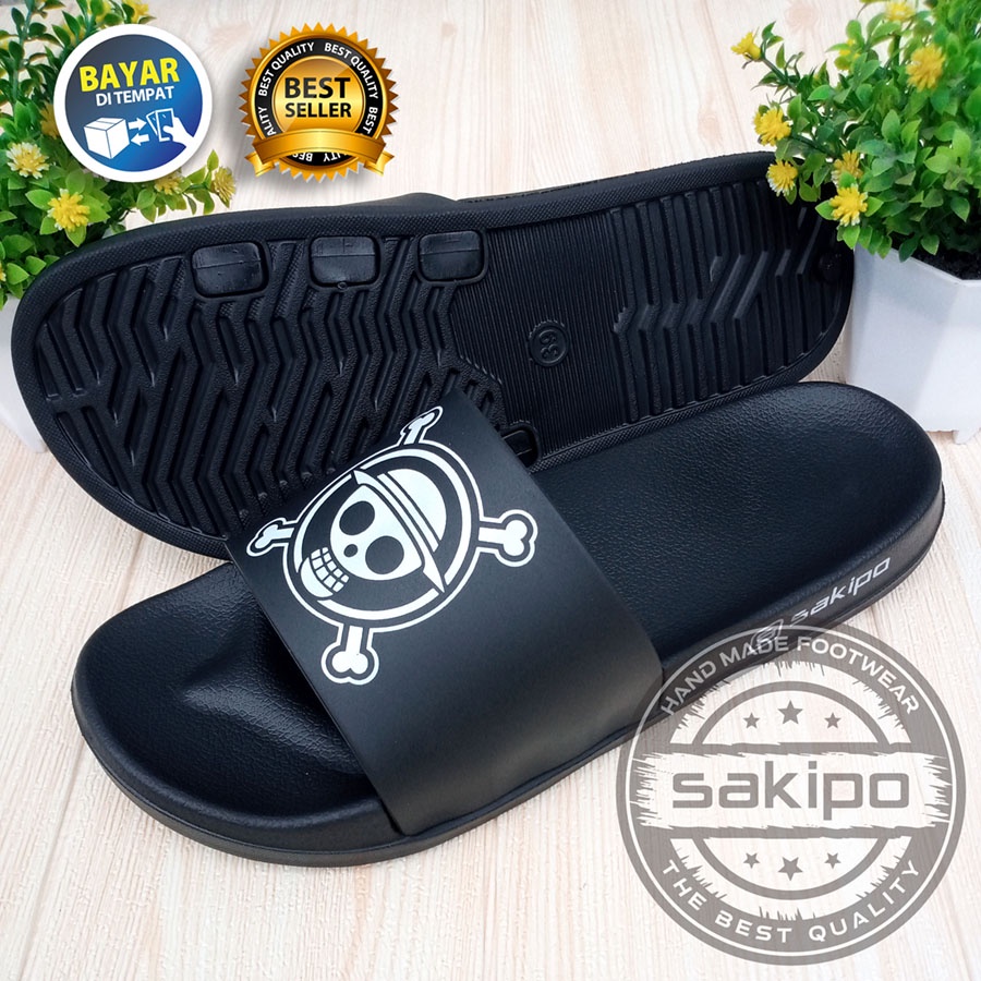 PROMO 1.1 MANTUL SALE !! SANDAL DISTRO KEREN KEKINIAN PRIA DEWASA REMAJA SLIDE HITAM MOTIF TENGKORAK LUFFI ONE PEACE / SAKIPO