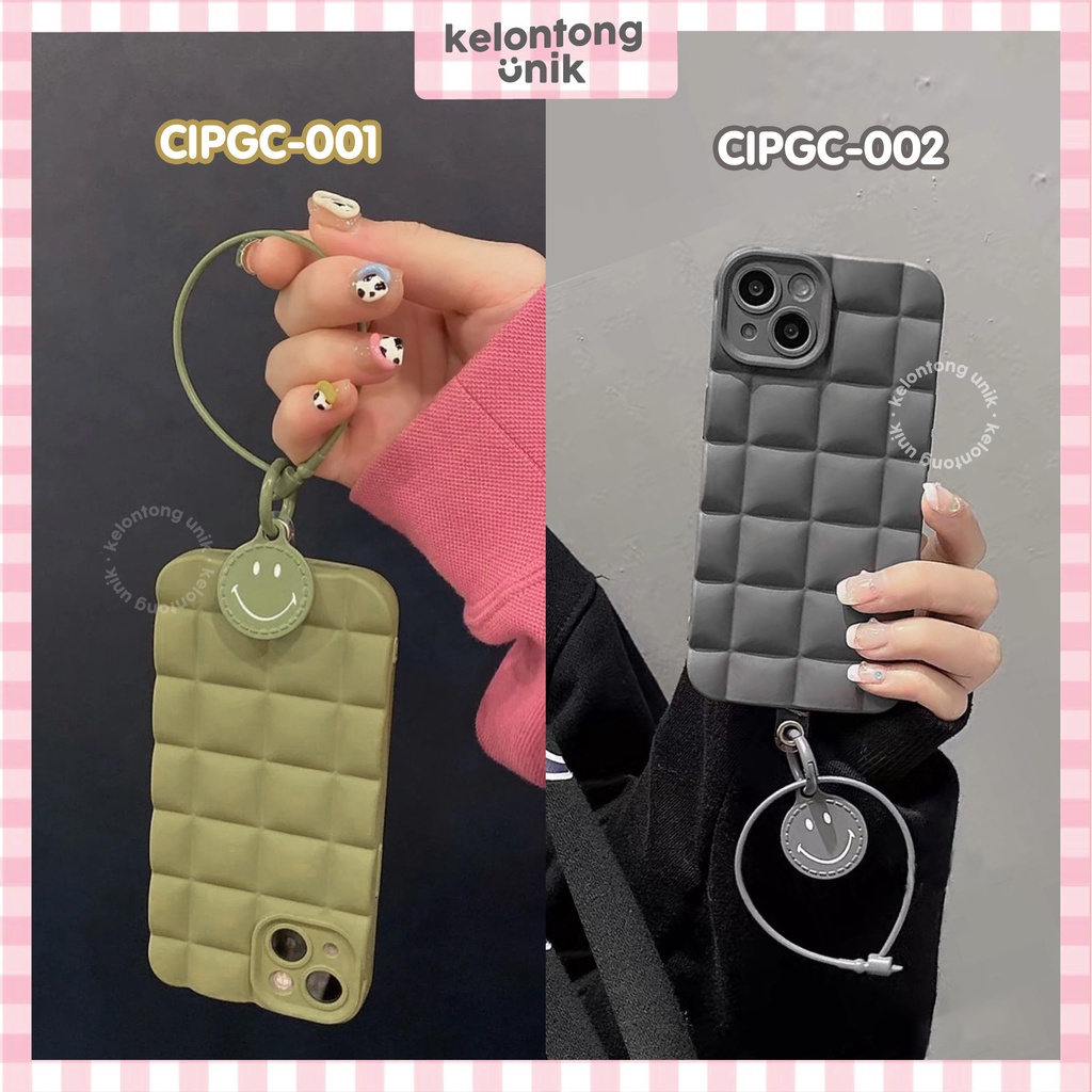 (Seri 1) For iPhone - Waffle Silicone Case/ Puffy Grid Case with Smiley Metal Charm