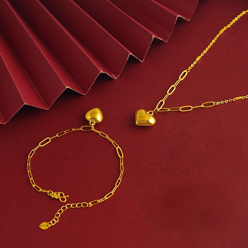 Goldkingdom Perhiasan Fashion Emas Asli Kadar 375 Bangkok Aksesoris Ready Stock Minimalis 3D Berongga Hati Heart Gelang Wanita Kalung Segalanya