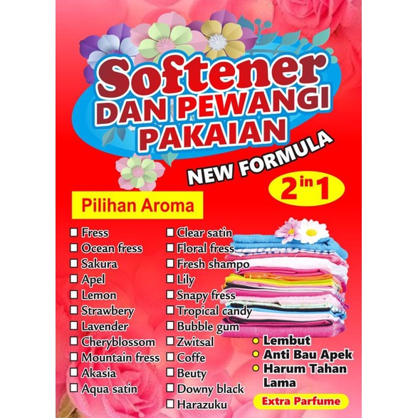 Softener / Pelembut dan Pewangi Pakaian aneka aroma wangi segar kemasan jurigen 1 liter