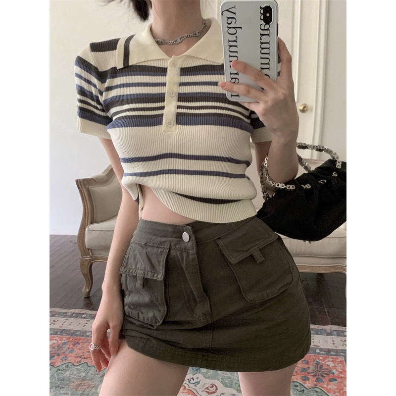 Kaos Stripe Wanita Lengan Pendek Kerah Polo Longgar Bergaris Retro Korea