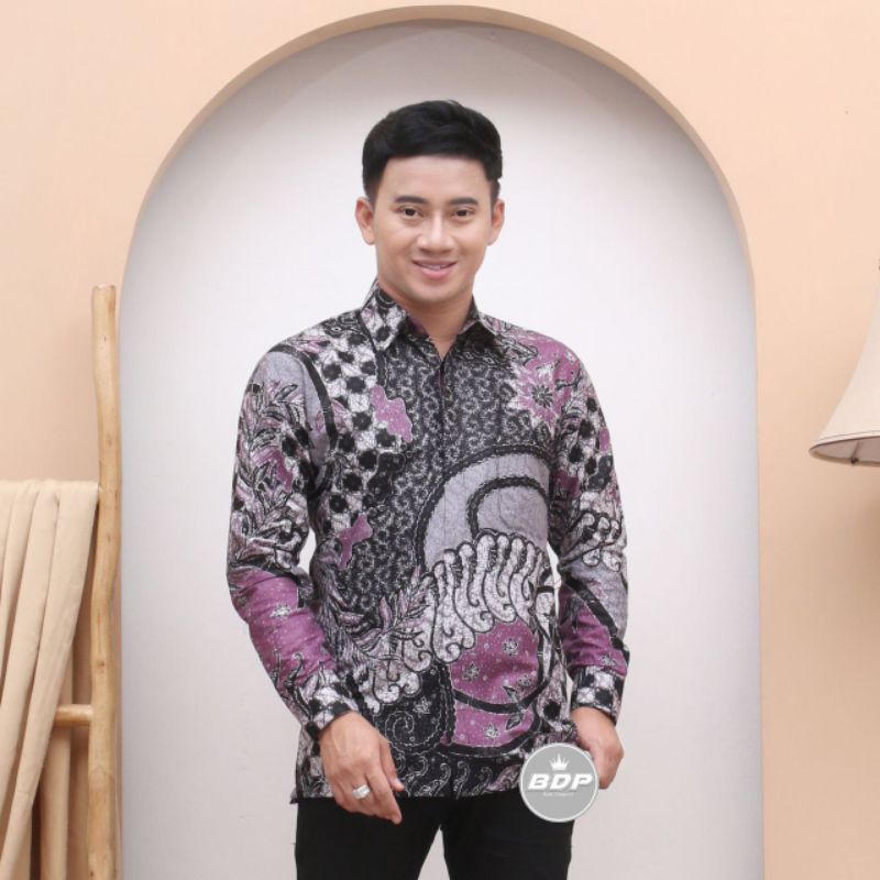 ATASAN KEMEJA BATIK PRIA COWOK WARNA ABU KOMBINASI UNGU MUDA LILAC LAVENDER BIRU MUDA BIRU LANGIT BI