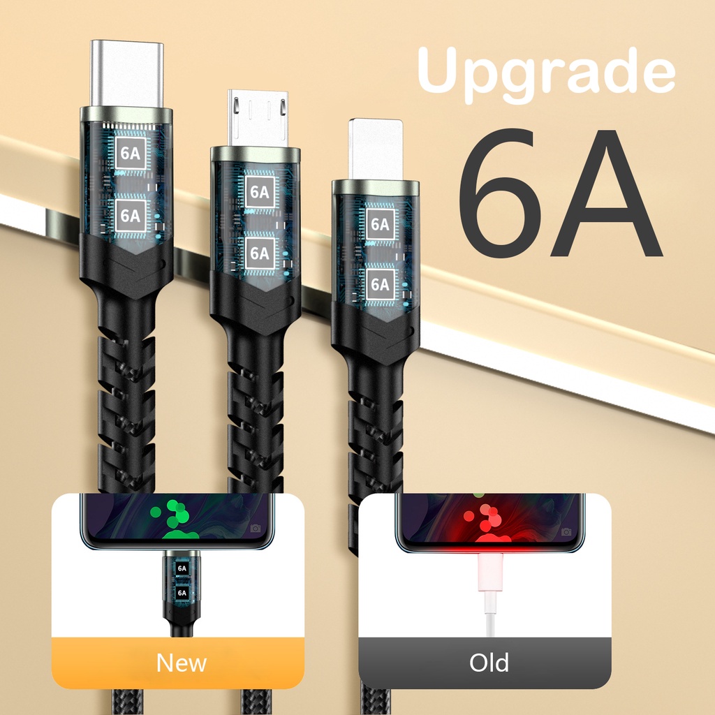 3in1 66W High-Power Braided Fast Charging Cable Micro USB 6A Flash Charger Cord Sepenuhnya Kompatibel Kabel Data Pintar Untuk i-phone Tipe C Android