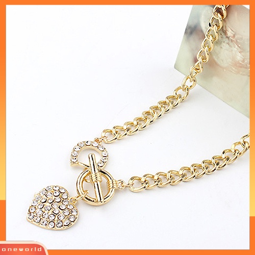 [WONE] Wanita Bertatahkan Berlian Imitasi Bentuk Hati Liontin Pendek Curb Rantai Kalung Perhiasan