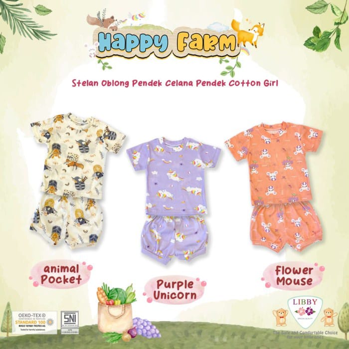 Libby 3 Setelan Baju Bayi Pendek Oblong Celana Pendek Happy Farm / Garden By The Joy / Play Ground Oblong Tipis Rib Cotton Baju Anak