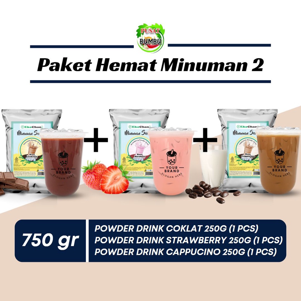 PAKET HEMAT MINUMAN 2 Bubuk Minuman EkoChan (Coklat + Strawberry + Capuccino)