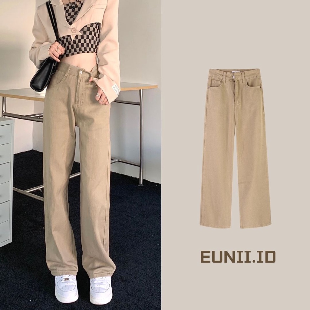 EUNII Jeans Wanita Khaki High Waist Korea Style Celana Panjang