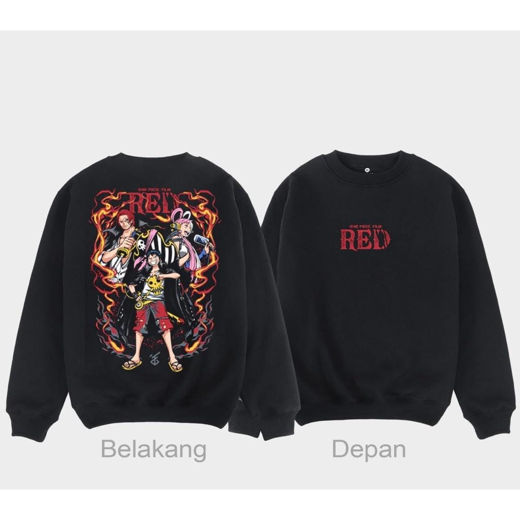 CREWNECK ANIME OVERSIZE RED ONE PIECE FIT TO XL - SWEATER TEBAL TERLARIS