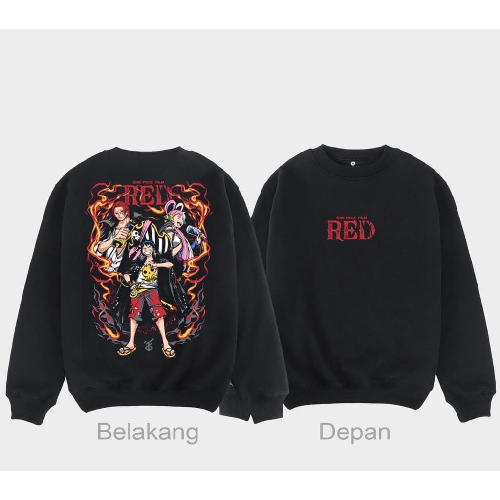 CREWNECK ANIME OVERSIZE RED ONE PIECE FIT TO XL - SWEATER TEBAL TERLARIS