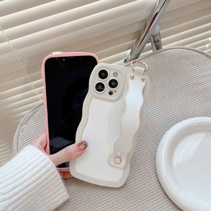 Wave Wrist strap Tali Kulit SoftCase iPhone 6S 78 Plus XR XS Max 11 12 13 14 Pro Max14 Plus Melindungi Casing Ponsel Kelinci Lucu Beruang Pink