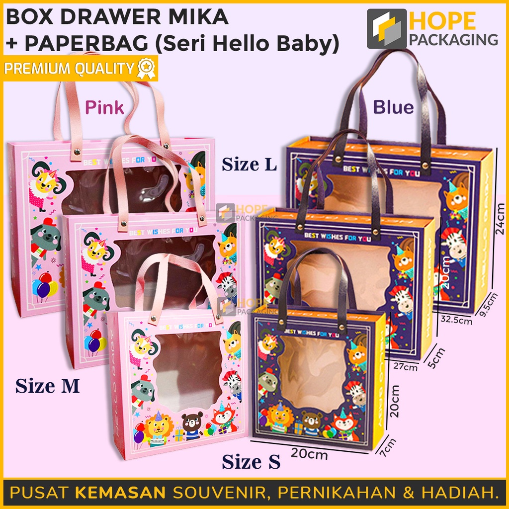 

Paper Box Drawer Mika + Paper Bag Hello Baby / Tas Souvenir Ulang Tahun Anak / Box Mika Motif Lucu