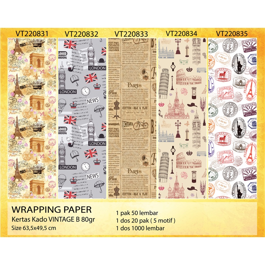 

Kertas kado Vintage B, kertas kado doff, kertas kado paris, bungkus kado, kertas kado ultah