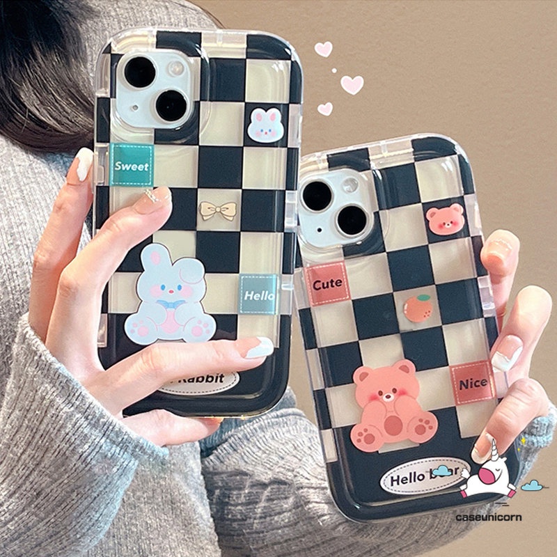 IPHONE Casing Kompatibel Untuk Iphone11 14 13 12 Pro MAX 7plus 7 8 6 6S Plus XR X XS MAX Couple Case Kotak-Kotak Beruang Lucu Kelinci Shockproof Airbag Soft TPU Lovers Phone Case