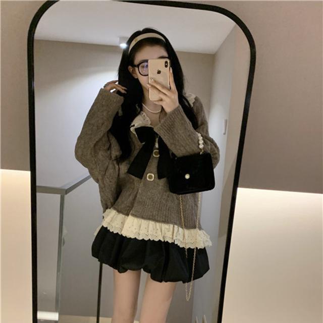 Suhao One-Piece Suit High Waist All-Match Rok + Retro Manis Gaya Barat Usia Mengurangi Renda Sweater Wol kardigan Jaket