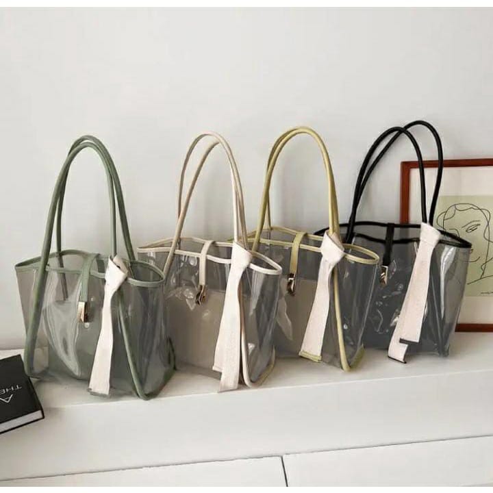 	 Tote Bag Wanita Florida transparan ( Tanpa twilly/syal/pita) / Tas wanita pvc / Tote bag mika / Tas bahu mika/ Tas Korea Fashion Wanita / Free pouch/Tas Kecil	