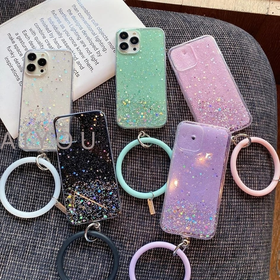 IPHONE Rantai Liontin Gantung Telepon Tali Pergelangan Tangan Ring Holder Case Untuk Iphone14 13 Pro Max11 12 Mini XS XR X6 7 8 Plus SE Bening Glitter Cover