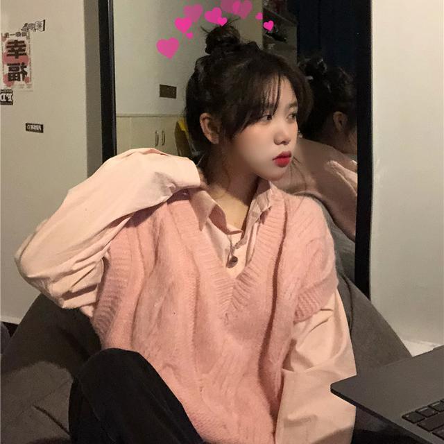 Suhao setelan dua potong siswa Gaya Korea rajutan sweater rasa susu berlapis ~ awal musim semi baju baru + setelan rompi wanita