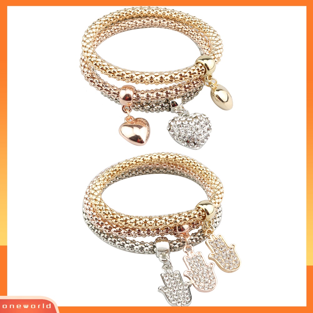 [WONE] 3pcs/set Berlian Imitasi Jantung Tangan Fatima Pesona Rantai Jagung Lady Gelang Bangle