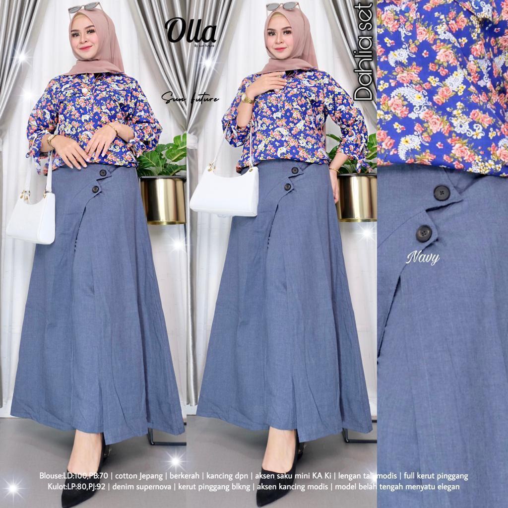 DAHLIA SET ORI OLLA SETELAN WANITA BAHAN DENIM SUPERNOVA CELANA KULOT