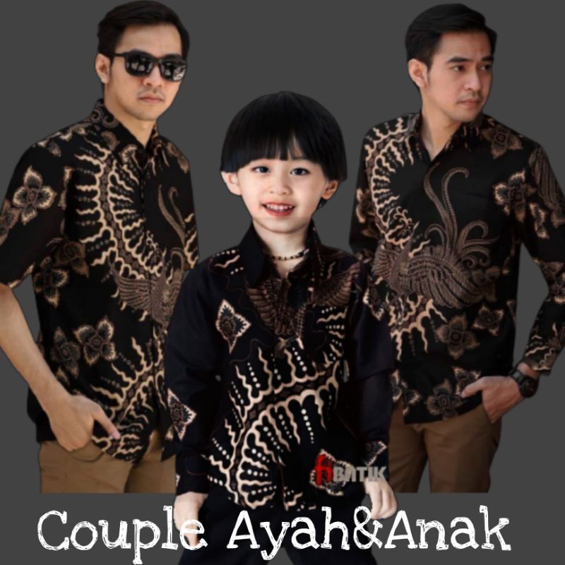 Couple Batik Ayah Dan Anak Laki-laki // Kemeja Batik Pria Dewasa Dan Anak Cowok Motif Daun Petir Warna Hitam Motif klabang hitam. size M L XL XXL 3L 4L 5L.6L