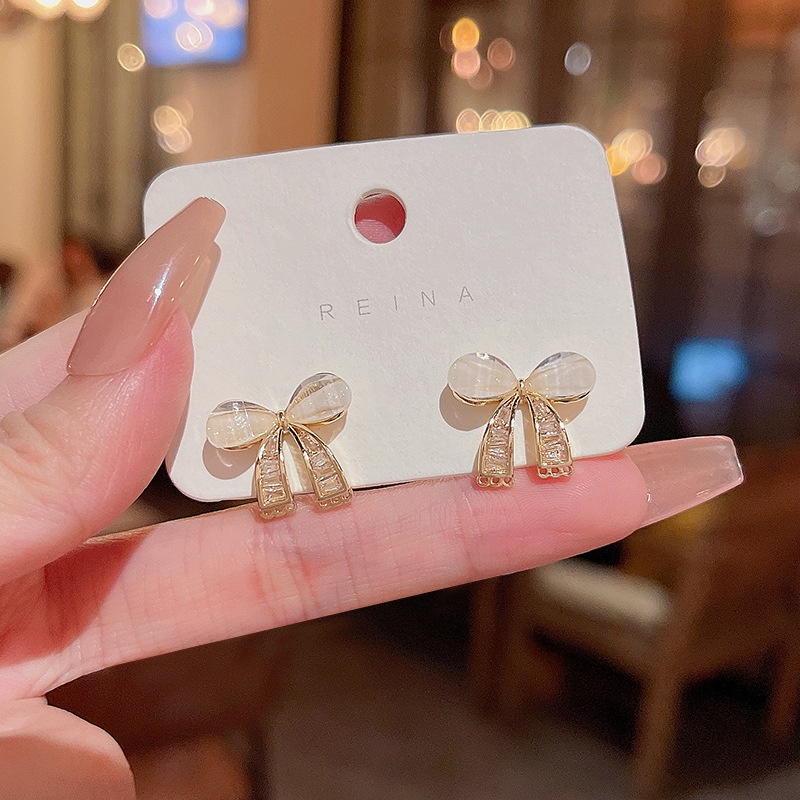 Anting Perak925An Perak Jarum Zirkon Busur Anting Wanita Fashion Acrylic Stud Earrings