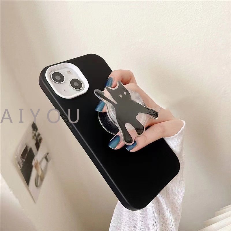 IPHONE Casing Ponsel Tahan Guncangan Bahan Silikon Cair 3in1 Untuk Iphone14 13 12 11 Pro Max XR XS Max Penutup Belakang Dengan Kucing Hitam Phone Holder Airbag Bracket