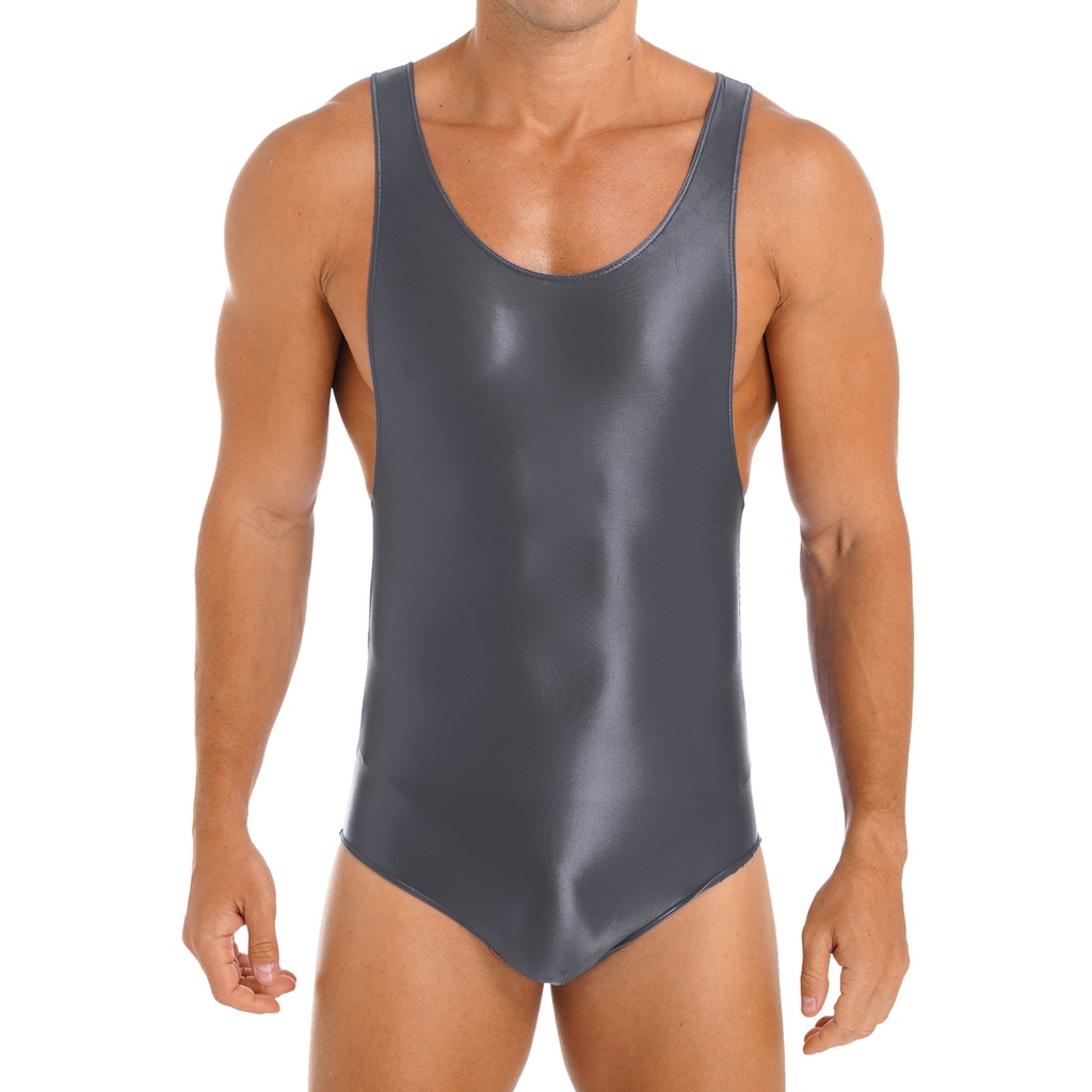 Mens Swimsuit Glossy Stretchy Bodysuit Sleeveless U Neck Leotard Skinny Jumpsuit Swimwear One Piece