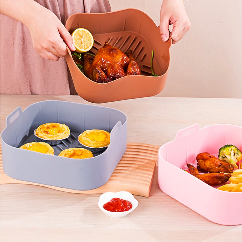 No-sticky Baking Tray with Handle Tahan Panas Panci Panggang Buah Sayur Keranjang Cuci Square Air Fryer Silicone Liner Aksesoris Dapur Praktis