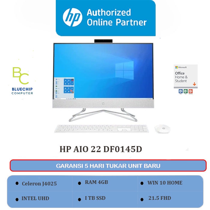 PC HP AIO 22 - DF0145D - Celeron J4025 4GB 1TB 22" Win 10 + OHS