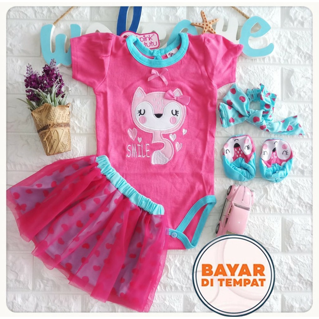 Setelan Jumper Rok BABY FOX free Bandana dan sepatu - baju bayi Perempuan 3 6 9 12 bulan - Baju Setelan anak Cewek Lucu