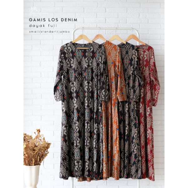 Gamis Los motif Dayak Full dan Dayak Kaki Fashion Muslim Etnik merek Jess&Nad bahan Denim Calvin Jea