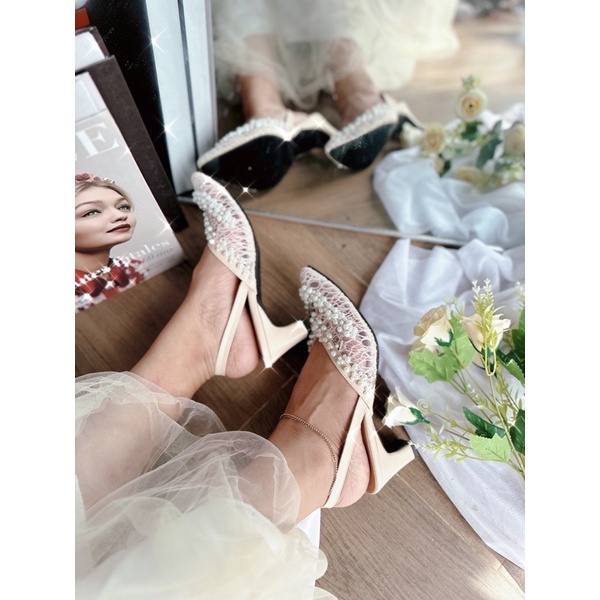 Termurah!!! COD sendal payet hak 5cm payet mewah Rattu series/Sendal hak weding