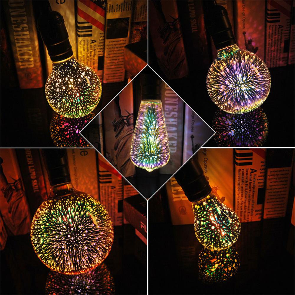 Timekey 3D Colorful Vintage Fireworks LED Edison Lampu Bohlam E27 Socket 220V Bohlam Dekorasi Vintage ST64 G95 A60 Natal Lampu LED R8T2