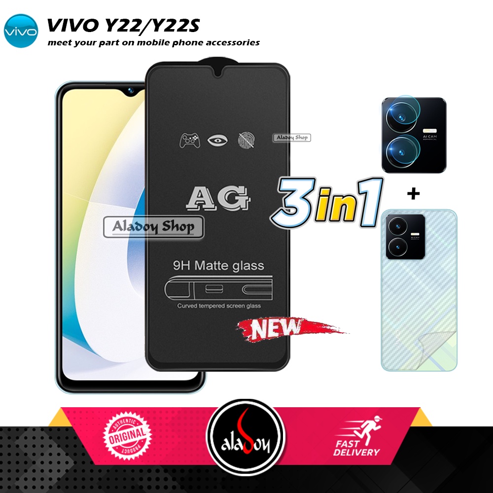 Paket 3IN1 Tempered Glass Layar Matte Anti Glare VIVO Y22/Y22S Free Tempered Glass Camera dan Skin Carbon