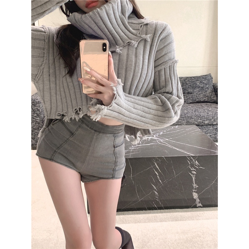 ✺¤Suhao Versi Korea Hollow Lengan Panjang Sweater Wanita Musim Gugur dan Musim Dingin 2022 Baru Putih Lembut Lubang Menebal Pendek rajutan Sweater Jaket