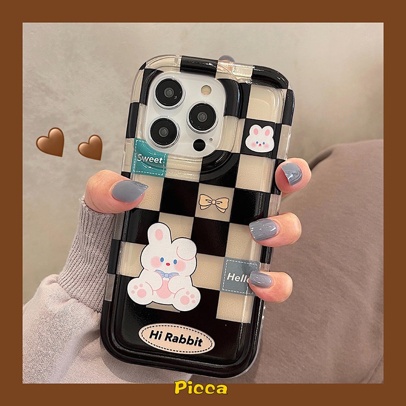 IPHONE Casing Pasangan Beruang Kelinci Lucu Kotak-Kotak Kompatibel Untuk Iphone11 14 13 12 Pro MAX 7Plus 8Plus XR 78 6 6S Plus X XS MAX Shockproof Airbag Casing Soft TPU Lovers Phone Case