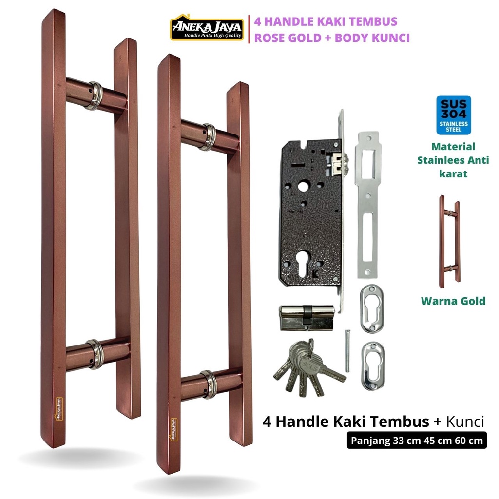 4 Handel Set Kunci Rumah Kantor Kaki Tembus 60 cm 45 33 Gagang Handle Tarikan Pegangan Terbaru Stainlees Pintiu Kayu Kaca Allumunium - Rose Gold Hitam Dop Golden