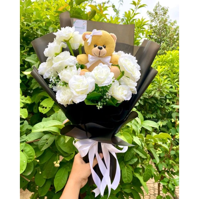 Buket bunga artificial bunga palsu boneka cantik putih kertas cello  hadiah wisuda hadiah anniversary pacar ibu hadiah kado bingkisan bunga paket