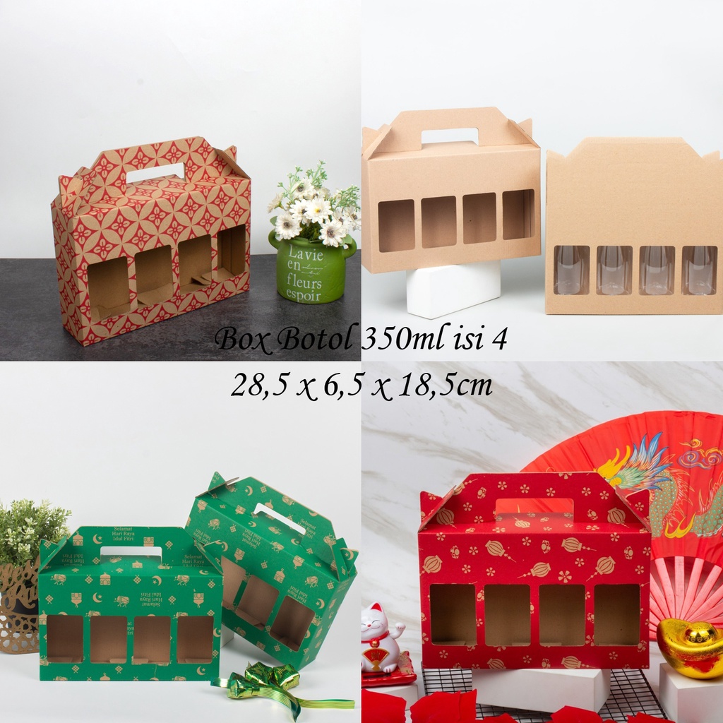 

( 10pcs ) Kardus Die Cut Tas Jinjing untuk 4 Botol 350ml Dus Packaging Hampers Box Tenteng Botol Kale Imlek Lebaran Batik